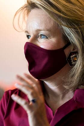 Queen Mathilde of Belgium pictured during a royal visit to the Campus Kortrijk of the Hogeschool Vives, in Kortrijk, Friday 04 June 2021. The Queen will meet students from the nursing course who were involved in the intensive care of various hospitals during the corona crisis. The Queen also visits two simulation rooms where students and caregivers learn to put their skills into practice: the SIMlab , a room with robot dolls, and the Immersive Room , a high-tech simulation room where real-life situations are simulated.  POOLxFREDERICxSIERAKOWSKI 2807076