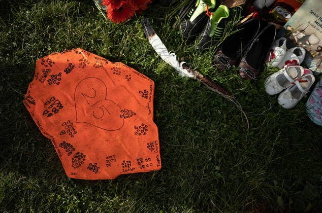 June 4, 2021, Kamloops, BC, Canada: Two hundred and fifteen hearts drawn and signed by schoolchildren is left at a makeshift memorial outside the former Kamloops Indian Residential School, honouring the 215 children whose remains have been discovered buried near the facility, in Kamloops, B.C., on Friday, June 4, 2021. Kamloops Canada - ZUMAc35_ 20210604_zaf_c35_149 Copyright: xDarrylxDyckx