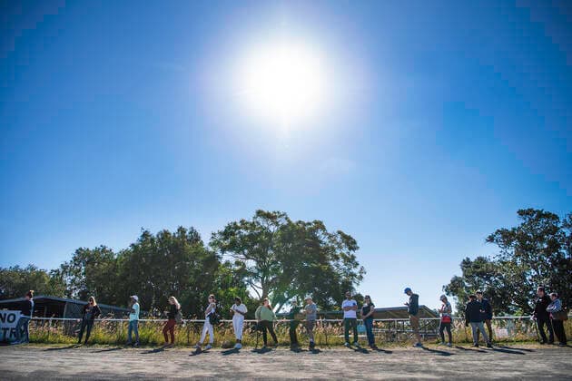 QLD COVID19 VACCINATION HUB, People line up to receive a coronavirus vaccination at the Rocklea Showgrounds in Brisbane, Saturday, June 5, 2021. The Queensland government has launched a drive to fully vaccinate all private aged care and disability workers against COVID-19 within three weeks, with 18 hubs across the state opening from Saturday. ( NO ARCHIVING, EDITORIAL USE ONLY, NO USE IN BOOKS WITHOUT CONSENT BRISBANE QLD AUSTRALIA  Copyright: xDANxPELEDx 20210605001547481870