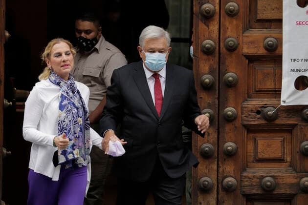 Elections In Mexico Andre s Manuel Lopez Obrador, President of Mexico; accompanied by his wife Beatriz Gutierrez Müller, leave the premises of the Museum of the Ministry of Finance and Public Credit located in the Zocalo of Mexico City, where they cast their vote that will define the holders of the 16 mayoralties, 160 councils and 66 seats in the Congress of Mexico City, as well as for the first time a migrant deputy. Mexico City Mexico vieyra-notitle210606_npcRi  Copyright: xGerardoxVieyrax