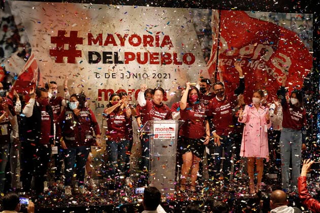 Mario Delgado Celebrates The Victory Of Mexican Elections MEXICO CITY, MEXICO JUNE 6: The president of the National Regeneration Movement party of Mexico (MORENA), Mario Delgado, celebrates the victory with the trust of citizens, having majority of voters for Morena on June 6, 2021 in Mexico City, Mexico. Copyright: xLuisxBarronx EYEPIXGROUP_LB_06062021_8480