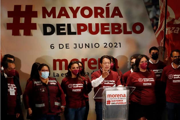Mario Delgado Celebrates The Victory Of Mexican Elections MEXICO CITY, MEXICO JUNE 6: The president of the National Regeneration Movement party of Mexico (MORENA), Mario Delgado, celebrates the victory with the trust of citizens, having majority of voters for Morena on June 6, 2021 in Mexico City, Mexico. Copyright: xLuisxBarronx EYEPIXGROUP_LB_06062021_8499
