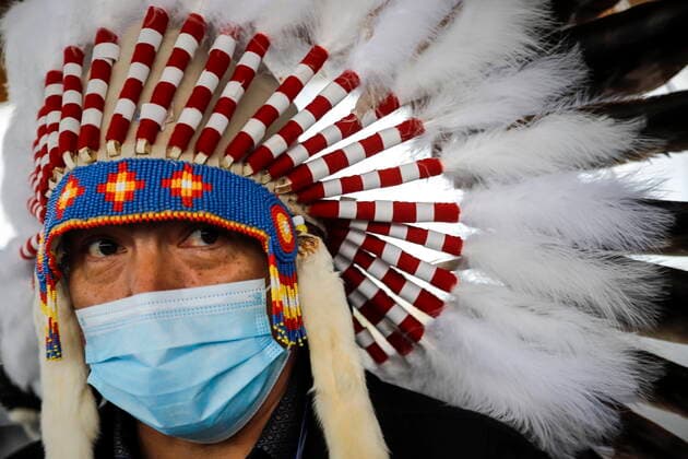 June 7, 2021, Calgary, ab, Canada: Tsuut ina Nation elder Ellery Starlight takes part in a silent march in memory of the 215 unmarked graves found at Kamloops, B.C., in Calgary, Alta., Monday, June 7, 2021. Calgary Canada  - ZUMAc35_ 20210607_zaf_c35_032 Copyright: xJeffxMcintoshx