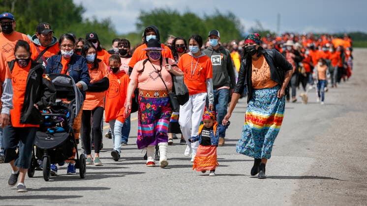 June 7, 2021, Calgary, ab, Canada: Members of the Tsuut ina Nation take part in a silent march in memory of the 215 unmarked graves found at Kamloops, B.C., in Calgary, Alta., Monday, June 7, 2021. Calgary Canada  - ZUMAc35_ 20210607_zaf_c35_037 Copyright: xJeffxMcintoshx