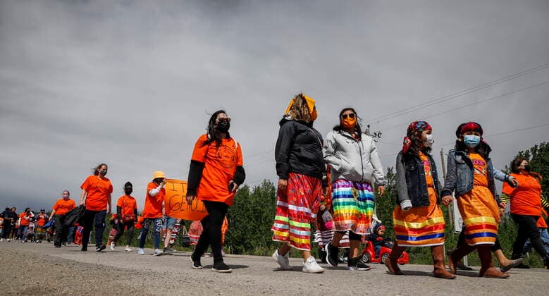 June 7, 2021, Calgary, ab, Canada: Members of the Tsuut ina Nation take part in a silent march in memory of the 215 unmarked graves found at Kamloops, B.C., in Calgary, Alta., Monday, June 7, 2021. Calgary Canada  - ZUMAc35_ 20210607_zaf_c35_041 Copyright: xJeffxMcintoshx