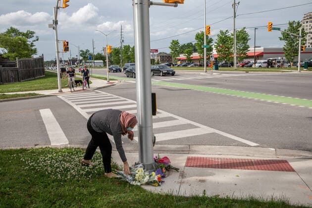 June 7, 2021, London, on, Canada: People show up to the location where a family of five was hit by a driver, in London, Ont., Monday, June 7, 2021. Four of the members of the family died and one is in critical condition. A 20 year old male has been charged with four counts of first degree murder and count of attempted murder in connection with the crime. London Canada  - ZUMAc35_ 20210607_zaf_c35_046 Copyright: xBrettxGundlockx