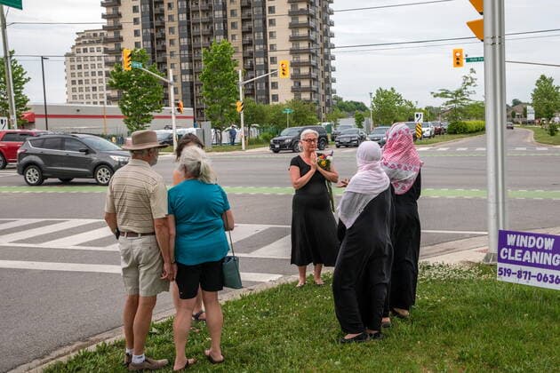 June 7, 2021, London, on, Canada: People show up to the location where a family of five was hit by a driver, in London, Ont., Monday, June 7, 2021. Four of the members of the family died and one is in critical condition. A 20 year old male has been charged with four counts of first degree murder and count of attempted murder in connection with the crime. London Canada  - ZUMAc35_ 20210607_zaf_c35_047 Copyright: xBrettxGundlockx