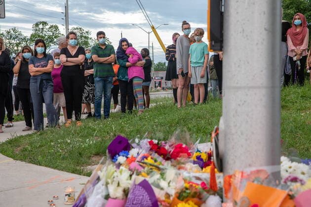 June 7, 2021, London, on, Canada: People attend a memorial at the location where a family of five was hit by a driver, in London, Ont., Monday, June 7, 2021. Four of the members of the family died and one is in critical condition. A 20 year old male has been charged with four counts of first degree murder and count of attempted murder in connection with the crime. London Canada  - ZUMAc35_ 20210607_zaf_c35_070 Copyright: xBrettxGundlockx