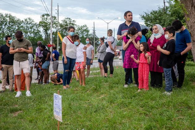June 7, 2021, London, on, Canada: People attend a memorial at the location where a family of five was hit by a driver, in London, Ont., Monday, June 7, 2021. Four of the members of the family died and one is in critical condition. A 20 year old male has been charged with four counts of first degree murder and count of attempted murder in connection with the crime. London Canada  - ZUMAc35_ 20210607_zaf_c35_071 Copyright: xBrettxGundlockx