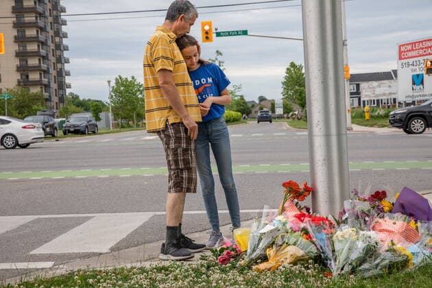 June 7, 2021, London, on, Canada: People attend a memorial at the location where a family of five was hit by a driver, in London, Ont., Monday, June 7, 2021. Four of the members of the family died and one is in critical condition. A 20 year old male has been charged with four counts of first degree murder and count of attempted murder in connection with the crime. London Canada  - ZUMAc35_ 20210607_zaf_c35_077 Copyright: xBrettxGundlockx