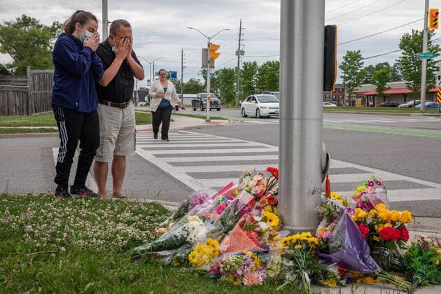 June 7, 2021, London, on, Canada: People attend a memorial at the location where a family of five was hit by a driver, in London, Ont., Monday, June 7, 2021. Four of the members of the family died and one is in critical condition. A 20 year old male has been charged with four counts of first degree murder and count of attempted murder in connection with the crime. London Canada  - ZUMAc35_ 20210607_zaf_c35_078 Copyright: xBrettxGundlockx