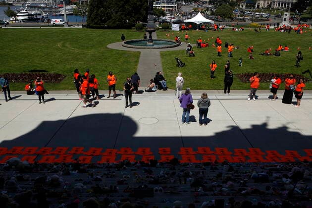 June 8, 2021, Victoria, BC, Canada: Orange shirts, shoes, flowers and messages are displayed on the steps outside the legislature in Victoria, B.C., on Tuesday, June 8, 2021 following a ceremony hosted by the Songhees and Esquimalt First Nations in honour of the 215 residential school children whose remains have been discovered buried near the facility in Kamloops, B.C. Victoria Canada - ZUMAc35_ 20210608_zaf_c35_098 Copyright: xChadxHipolitox
