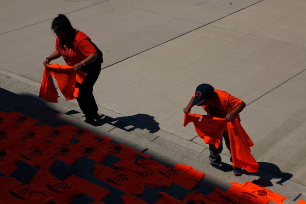 June 8, 2021, Victoria, BC, Canada: Orange shirts, shoes, flowers and messages are displayed on the steps outside the legislature in Victoria, B.C., on Tuesday, June 8, 2021 following a ceremony hosted by the Songhees and Esquimalt First Nations in honour of the 215 residential school children whose remains have been discovered buried near the facility in Kamloops, B.C. Victoria Canada - ZUMAc35_ 20210608_zaf_c35_102 Copyright: xChadxHipolitox