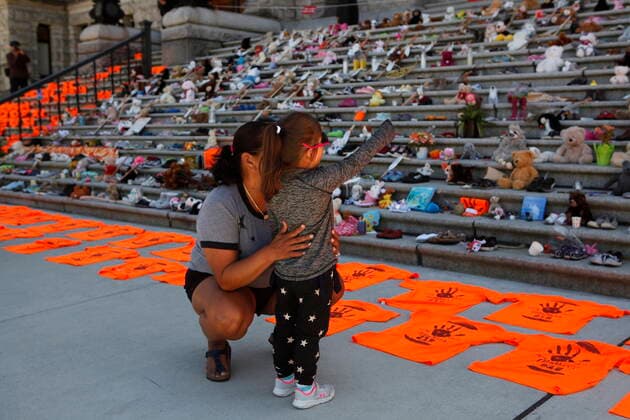 June 8, 2021, Victoria, BC, Canada: Emmy Morris who attended Indian day school and her mother who went to a residential school joins her daughter Sharon Morris-Jones, 4, from the Tsartlip First Nation as they look at the Orange shirts, shoes, flowers and messages on display on the steps outside the legislature in Victoria, B.C., on Tuesday, June 8, 2021 following a ceremony hosted by the Songhees and Esquimalt First Nations in honour of the 215 residential school children whose remains have been discovered buried near the facility in Kamloops, B.C. Victoria Canada - ZUMAc35_ 20210608_zaf_c35_104 Copyright: xChadxHipolitox