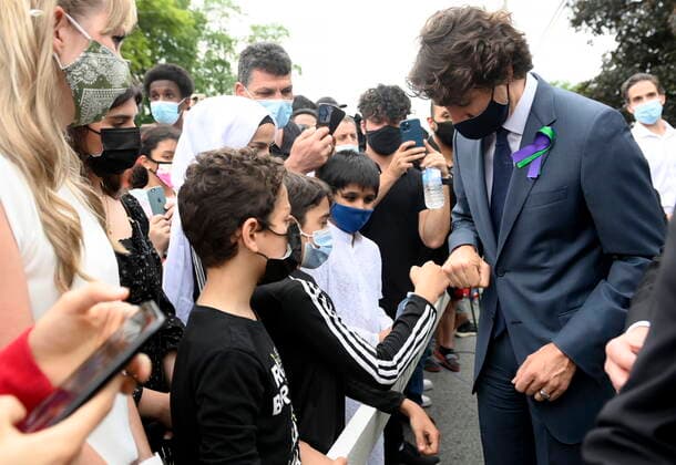June 8, 2021, London, on, Canada: Prime Minister Justin Trudeau greets mourners at a vigil for the victims of the deadly vehicle attack on five members of the Canadian Muslim community in London, Ont., on Tuesday, June 8, 2021. Four of the members of the family died and one is in critical condition. Police have charged a London man with four counts of murder and one count of attempted murder. London Canada  - ZUMAc35_ 20210608_zaf_c35_118 Copyright: xNathanxDenettex