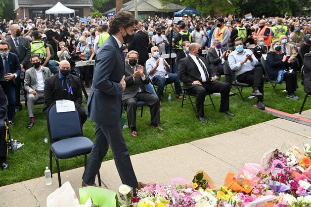 June 8, 2021, London, on, Canada: Prime Minister Justin Trudeau prepares to speak at a vigil for the victims of the deadly vehicle attack on five members of the Canadian Muslim community in London, Ont., on Tuesday, June 8, 2021. Four of the members of the family died and one is in critical condition. Police have charged a London man with four counts of murder and one count of attempted murder. London Canada  - ZUMAc35_ 20210608_zaf_c35_133 Copyright: xNathanxDenettex