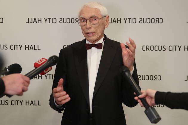 MOSCOW REGION, RUSSIA - JUNE 9, 2021: Composer Alexander Zatsepin talks to journalists before a concert for his 95th birthday, at Crocus City Hall in Krasnogorsk. Alexander Zatsepin celebrated his 95th birthday on 10 March. Vyacheslav Prokofyev TASS  TS104286