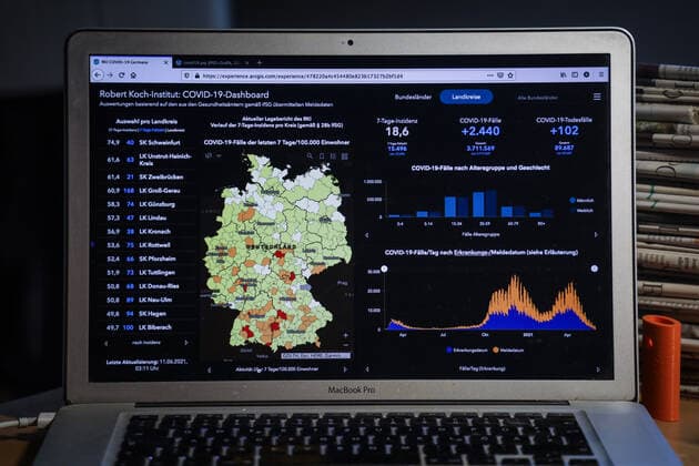 Coronavirus in Germany Covid 19 Dashboard of the Robert Koch Institute 11 06 2021 Robert Koch Institute 7 days Incidence 18.6 7 days Number of cases 15 496 COVID 19 cases 3 711 569 Addition of 2 440 compared to the previous day COVID 19 deaths 89 687 Addition of 102 compared to the previous day