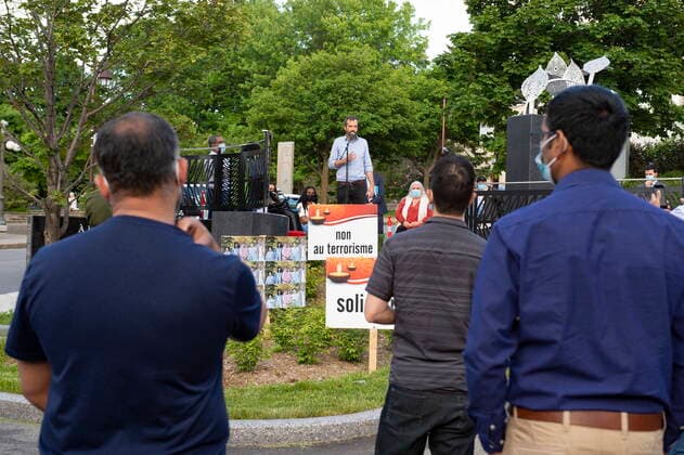 June 11, 2021, QUEBEC, PQ, Canada: MP Joel Lightbound, Parliamentary Secretary to the Minister of Public Safety and Emergency Preparedness speaks as people gather at the Quebec Mosque shooting commemoration site in a vigil to honor the victims of an anti-Muslim attack in London Ont. Friday, June 11, 2021 in Quebec City. QUEBEC Canada  - ZUMAc35_ 20210611_zaf_c35_123 Copyright: xJacquesxBoissinotx