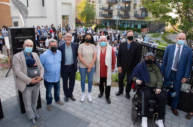 June 11, 2021, QUEBEC, PQ, Canada: MNA Sol Zanetti, from the left, Quebec City mayor Regis Labeaume, co-founder of the Islamic Cultural Centre of Quebec City Boufeldja Benabdallah, Zineb Soufiane, daughter of Mosque shooting victim Zinedine Soufiane, Quebec Solidaire co-spokesperson Manon Masse, Sebastien Bouchard, Aymen Derbali and MP Jean-Yves Duclos, President of the Treasury Board, gather at the Quebec Mosque shooting commemoration site in a vigil to honor the victims of an anti-Muslim attack in London Ont. Friday, June 11, 2021 in Quebec City. QUEBEC Canada - ZUMAc35_ 20210611_zaf_c35_126 Copyright: xJacquesxBoissinotx