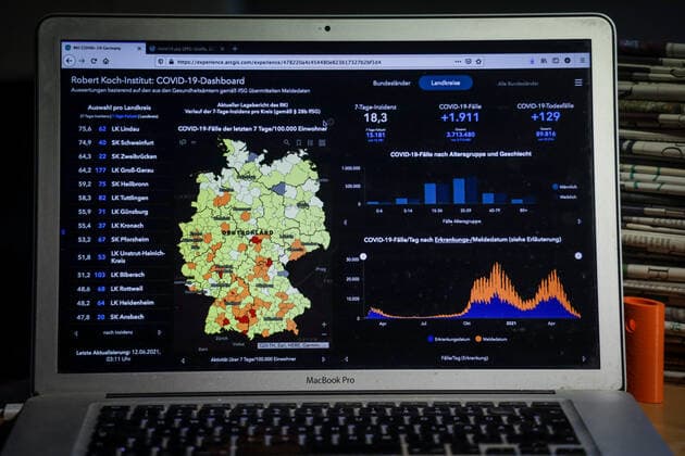 Coronavirus in Germany Covid 19 Dashboard of the Robert Koch Institute 12 06 2021 Robert Koch Institute 7 days Incidence 18.3 7 days Number of cases 15 181 COVID 19 Cases 3 713 480 Addition of 1 911 compared to previous day COVID 19 Deaths 89 816 Addition of 129 compared to previous day