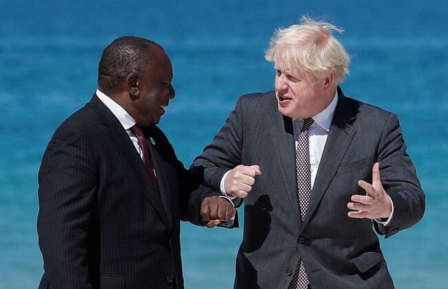 . 12 06 2021. Carbis Bay, United Kingdom. UK Prime Minister Boris Johnson with South Africa s President Cyril Ramaphosa on day two of the G7 Summit in Cornwall, United Kingdom.  xPoolx xi-Imagesx IIM-22268-0012