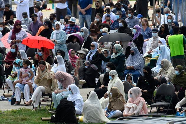 June 12, 2021, London, on, Canada: People attend the funeral for the four Muslim family members killed in a deadly vehicle attack, in London, Ont., on Saturday, June 12, 2021. Talat Afzaal, 74, her son Salman Afzaal, 46, his wife Madiha Salman, 44, and their 15-year-old daughter Yumna Salman all died last Sunday night while out for a walk after a man in a truck drove them down in what police have called a premeditated attack because they were Muslim. London Canada - ZUMAc35_ 20210612_zaf_c35_031 Copyright: xFrankxGunnx
