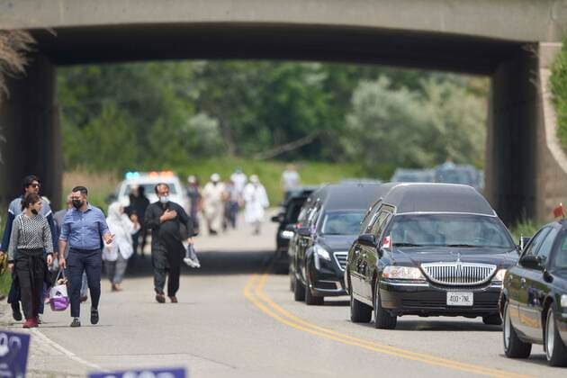 June 12, 2021, London, on, Canada: The funeral procession arrives at the Islamic Centre of Southwest Ontario for the funeral service of the four victims of the deadly vehicle attack being held in London, Ont., on Saturday, June 12, 2021. Four members of the family died and one is in critical but stable condition. A 20 year-old male is in custody and has been charged in what police say is a motivated hate crime. London Canada  - ZUMAc35_ 20210612_zaf_c35_043 Copyright: xGeoffxRobinsx