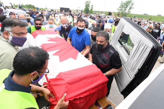 June 12, 2021, London, on, Canada: Pallbearers load a casket into a hearse after a funeral service for the four Muslim family members killed in a deadly vehicle attack, at the Islamic Centre of Southwest Ontario in London, Ont., on Saturday, June 12, 2021. Talat Afzaal, 74, her son Salman Afzaal, 46, his wife Madiha Salman, 44, and their 15-year-old daughter Yumna Salman all died last Sunday night while out for a walk after a man in a truck drove them down in what police have called a premeditated attack because they were Muslim. London Canada - ZUMAc35_ 20210612_zaf_c35_065 Copyright: xNathanxDenettex