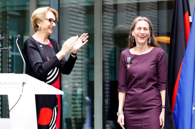 Anne Marie Descotes and Mariette Rissenbeek at the presentation of the Ordre des Arts et des Lettres to Mariette Rissenbeek at the Berlinale Summer Special 2021 71 Berlin International Film Festival at the French Embassy Berlin, 13 06 2021 Foto:xD.xBedrosianx xFuturexImage