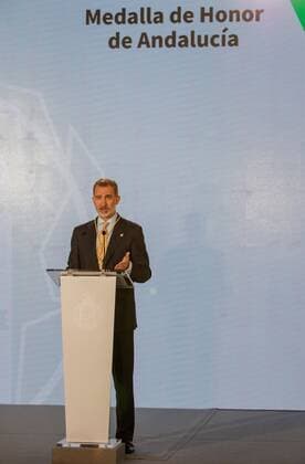 Spain s King Felipe VI delivers a speech after receiving the first Andalucian region s medal of honor ever for being the best symbol of Spain s unity from Andalusian regional President Juanma Moreno (not seen) at San Telmo palace, Andalucian Government s headquarters, in Seville, southern Spain, 14 June 2021. King Felipe will attend UEFA s Euro 2021 match Spain vs. Sweden later on 14 June. Felipe VI receives Andalucian region s medal of honor !ACHTUNG: NUR REDAKTIONELLE NUTZUNG!  Copyright: xJulioxMunozx GRAFAND016 20210614-637592748589286866