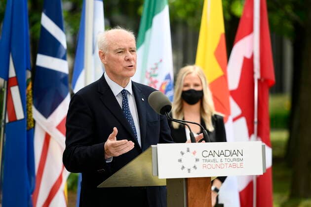 June 14, 2021, Ottawa, on, Canada: Perrin Beatty, President and CEO of the Canadian Chamber of Commerce, speaks during a news conference held by the Canadian Travel and Tourism Roundtable, a coalition of airports, airlines, hotels, boards of trade and chambers of commerce, to urge the federal government to implement a re-opening plan for travel and tourism, at the Ottawa Airport in Ottawa, on Monday, June 14, 2021. Ottawa Canada  - ZUMAc35_ 20210614_zaf_c35_069 Copyright: xJustinxTangx