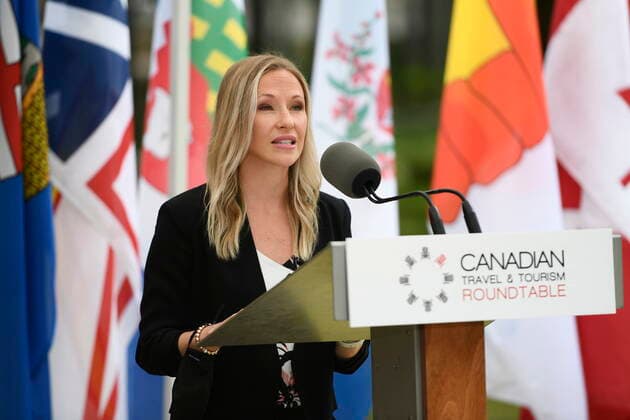 June 14, 2021, Ottawa, on, Canada: Susie Grynol, President and CEO of the Hotel Association of Canada, speaks during a news conference held by the Canadian Travel and Tourism Roundtable, a coalition of airports, airlines, hotels, boards of trade and chambers of commerce, to urge the federal government to implement a re-opening plan for travel and tourism, at the Ottawa Airport in Ottawa, on Monday, June 14, 2021. Ottawa Canada  - ZUMAc35_ 20210614_zaf_c35_071 Copyright: xJustinxTangx