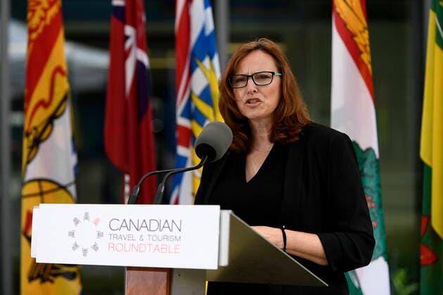 June 14, 2021, Ottawa, on, Canada: Beth Potter, President and CEO of the Tourism Industry Association of Canada, speaks during a news conference held by the Canadian Travel and Tourism Roundtable, a coalition of airports, airlines, hotels, boards of trade and chambers of commerce, to urge the federal government to implement a re-opening plan for travel and tourism, at the Ottawa Airport in Ottawa, on Monday, June 14, 2021. Ottawa Canada  - ZUMAc35_ 20210614_zaf_c35_076 Copyright: xJustinxTangx