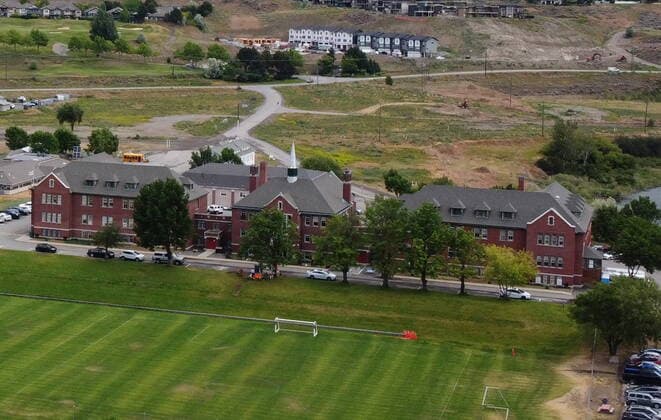 June 14, 2021, Kamloops, BC, Canada: The Kamloops Indian Residential School is photographed using a drone in Kamloops, B.C., Monday, June, 14, 2021. The remains of 215 children were discovered buried near the former school earlier this month. Kamloops Canada  - ZUMAc35_ 20210614_zaf_c35_088 Copyright: xJonathanxHaywardx