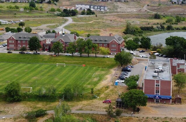 June 14, 2021, Kamloops, BC, Canada: The Kamloops Indian Residential School is photographed using a drone in Kamloops, B.C., Monday, June, 14, 2021. The remains of 215 children were discovered buried near the former school earlier this month. Kamloops Canada  - ZUMAc35_ 20210614_zaf_c35_093 Copyright: xJonathanxHaywardx
