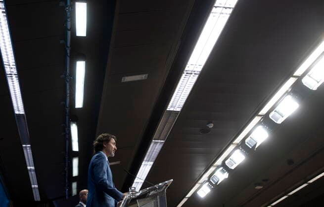 EU-Kanada Gipfel in Brüssel, Charles Michel und Ursula von der Leyen empfangen Justin Trudeau June 15, 2021, Brussels, Belgium: Canadian Prime Minister Justin Trudeau is seen during a joint news conference with European Council President Charles Michel and European Commission President Ursula von der Leyen following the EU-Canada Summit Tuesday June 15, 2021 in Brussels, Belgium. Brussels Belgium  - ZUMAc35_ 20210615_zaf_c35_007 Copyright: xAdrianxWyldx