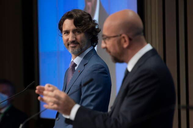 EU-Kanada Gipfel in Brüssel, Charles Michel und Ursula von der Leyen empfangen Justin Trudeau June 15, 2021, Brussels, Belgium: Canadian Prime Minister Justin Trudeau looks on as European Council President Charles Michel responds to question during a joint news conference at the EU-Canada Summit Tuesday June 15, 2021 in Brussels, Belgium. Brussels Belgium  - ZUMAc35_ 20210615_zaf_c35_008 Copyright: xAdrianxWyldx