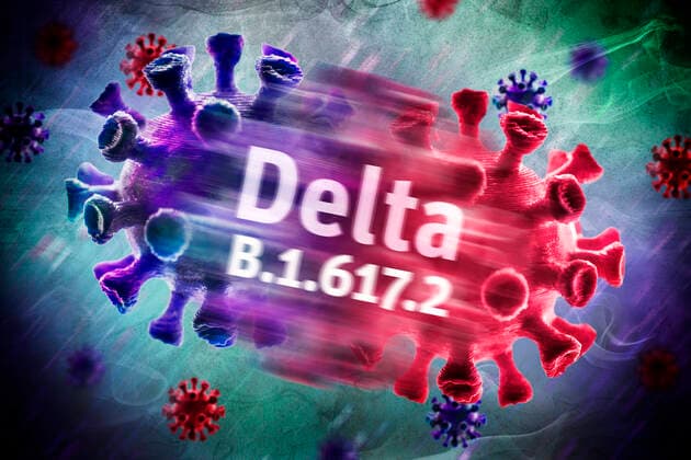 PHOTOMONTAGE, Mutated coronavirus, symbol photo Delta variant B 1 617 2 ** NUR FUER REDAKTIONELLE ZWECKE ** EDITORIAL USE ONLY **