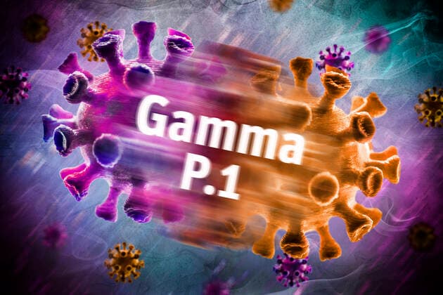 PHOTOMONTAGE, Mutated coronavirus, symbol photo gamma variant P 1 ** NUR FUER REDAKTIONELLE ZWECKE ** EDITORIAL USE ONLY **