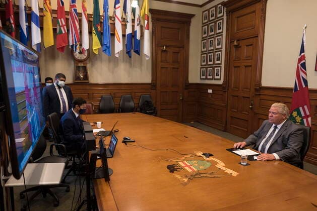 June 15, 2021, Toronto, on, Canada: Ontario Premier Doug Ford participates in a press conference remotely from Queen s Park regarding Residential School burial sites in Toronto on Tuesday, June 15, 2021. Ontario is committing $10 million to identify, investigate and commemorate burial sites on the grounds of former residential schools in the province. Ford announced the funds today with Indigenous Affairs Minister Greg Rickford and Indigenous leaders. Toronto Canada  - ZUMAc35_ 20210615_zaf_c35_032 Copyright: xTijanaxMartinx