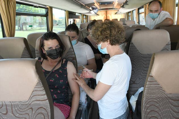 Croatia Coronavirus vaccine bus A woman is being vaccinated at Coronavirus vaccine bus in Bjelovar, Croatia on June 17, 2021. Coronavirus vaccine bus travelling around city of Bjelovar and suburbs offering a walk-in vaccine service. DamirxSpehar PIXSELL