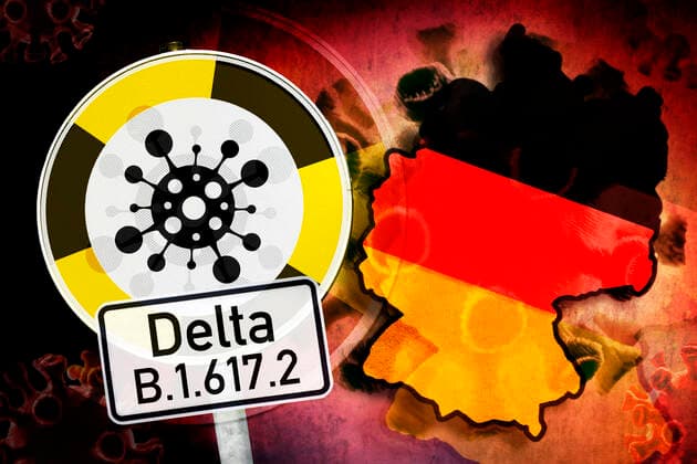 PHOTOMONTAGE, Mutated coronavirus, symbol photo Delta variant B 1 617 2 ** NUR FUER REDAKTIONELLE ZWECKE ** EDITORIAL USE ONLY **