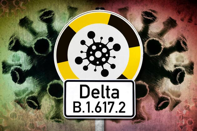 PHOTOMONTAGE, Mutated coronavirus, symbol photo Delta variant B 1 617 2 ** NUR FUER REDAKTIONELLE ZWECKE ** EDITORIAL USE ONLY **