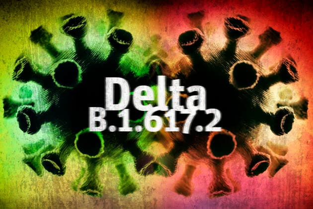 PHOTOMONTAGE, Mutated coronavirus, symbol photo Delta variant B 1 617 2 ** NUR FUER REDAKTIONELLE ZWECKE ** EDITORIAL USE ONLY **
