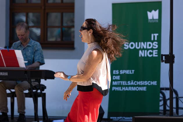 Small concert at Obermarkt Freiberg Summertime with Susanne Engelhardt and Jörg Pitschmann on 18 06 2021 Susanne Engelhardt, soprano voice and Jörg Pitschmann, piano and general music director Freiberg Obermarkt Saxony Germany