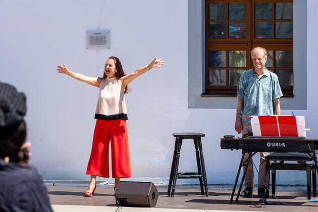 Small concert at Obermarkt Freiberg Summertime with Susanne Engelhardt and Jörg Pitschmann on 18 06 2021 Susanne Engelhardt, soprano voice and Jörg Pitschmann, piano and general music director after the concert Freiberg Obermarkt Saxony Germany