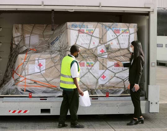 (210619) -- ADDIS ABABA, June 19, 2021 -- An airport ground staff and a staff member of Chinese side check the COVID-19 vaccines donated by Chinese Red Cross Society in Addis Ababa, Ethiopia, June 19, 2021. A batch of China s Sinopharm COVID-19 vaccines, donated by the Chinese Red Cross Society to its Ethiopian counterpart, arrived here on Saturday. TO GO WITH Roundup: Ethiopian Red Cross Society receives Sinopharm vaccines from Chinese counterpart ) ETHIOPIA-CHINA-RED CROSS SOCIETY-COVID-19 VACCINE-HANDOVER WangxPing 
