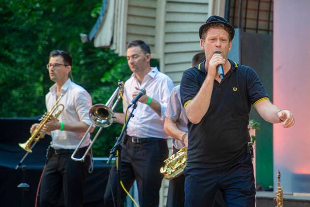 The Dresden reggae and ska band Yellow Umbrella during their performance at the concert site Weißer Hirsch in Dresden