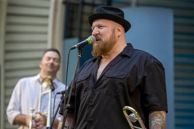 The Dresden reggae and ska band Yellow Umbrella on the picture Dr Ring Ding during their performance at the Weißer Hirsch concert venue in Dresden